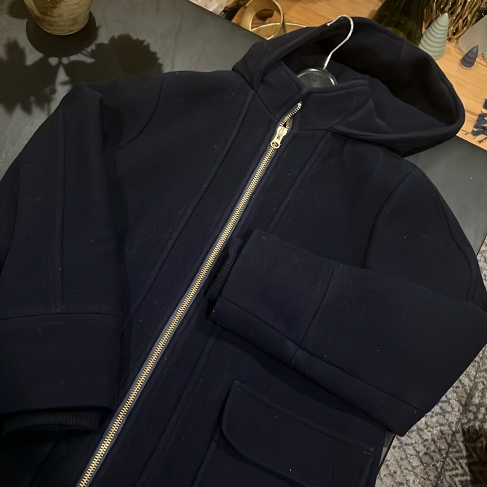 JCrew wool, hooded stadium coat. Navy blue, lined.